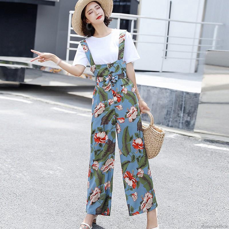 Jumpsuit Ống Rộng Lưng Cao In Hoa Thanh Lịch Cho Nữ