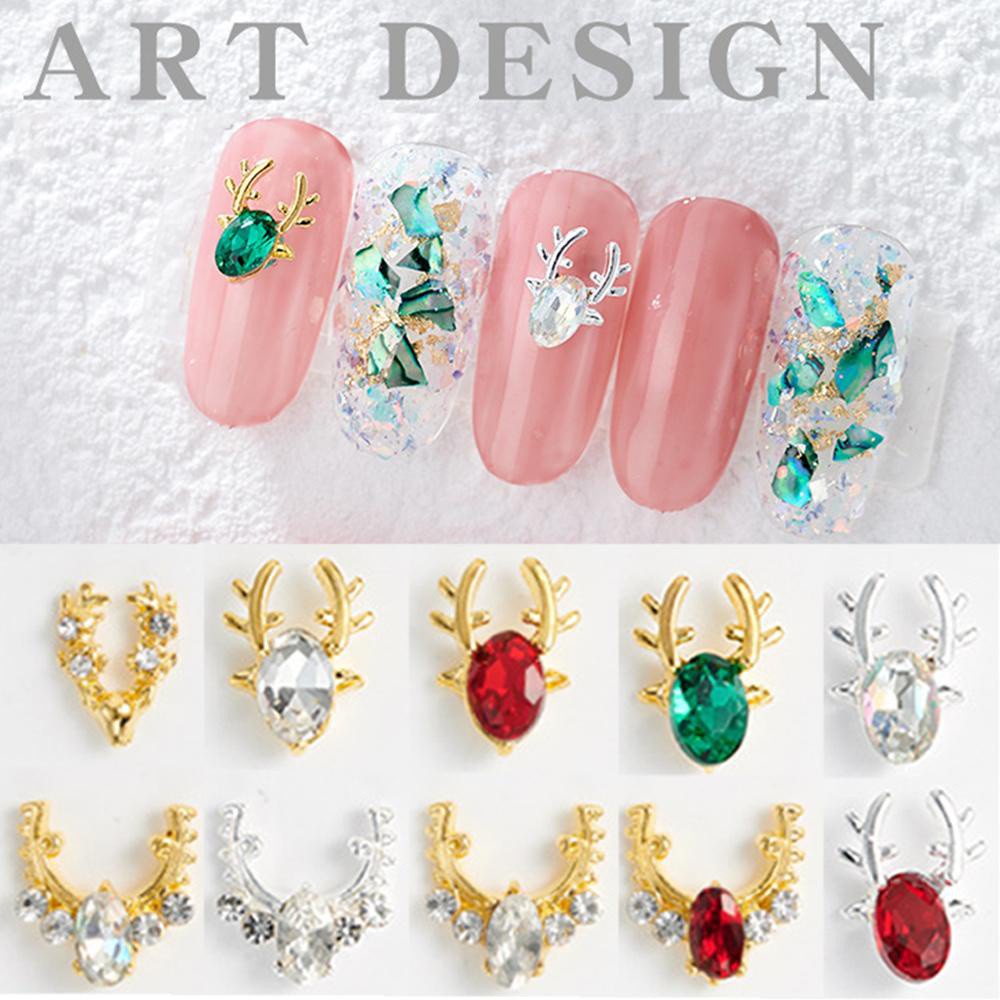 Set 10 Phụ Kiện Trang Trí Móng Tay Hình Sừng Hươu 3D Bằng Kim Loại Sang Trọng