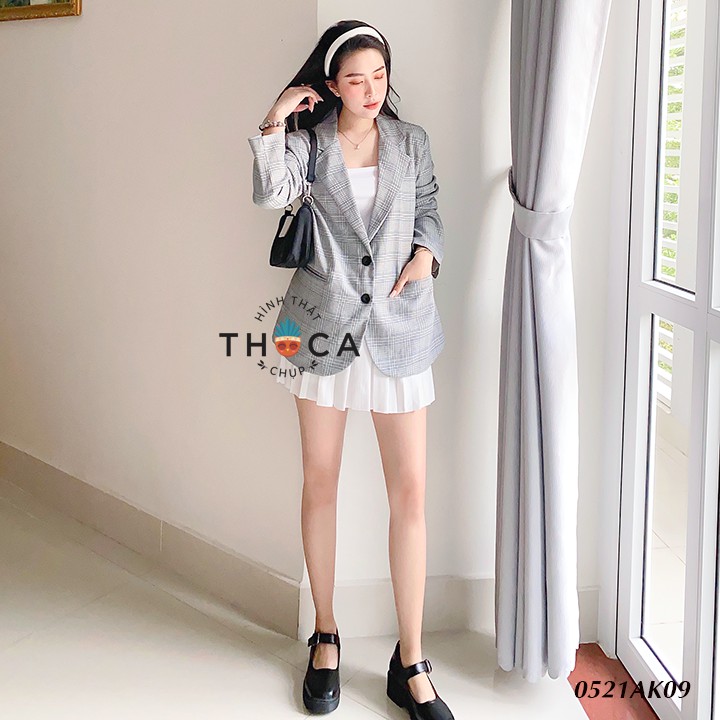 Áo khoác vest nữ túi mổ 2 lớp caro xám xanh THOCA HOUSE blazer công sở chuyên nghiệp, hiện đại