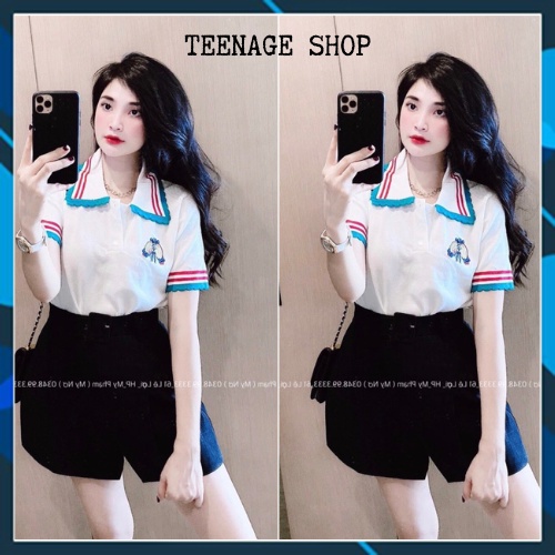 Áo len cộc tay cổ polo Hàn Quốc phối viền kẻ thêu hình