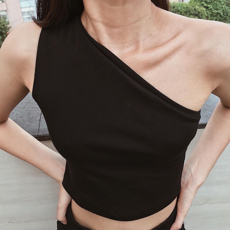 Áo croptop lệch vai thun (Trắng/Đen)