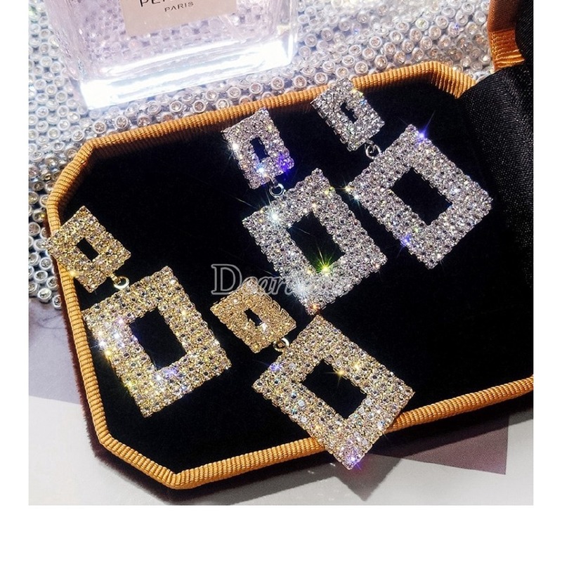 Hoa tai hình chữ nhật đính đá lấp lánh phong cách Hàn Quốc