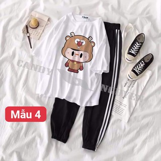 Sét bộ áo thun hoạt hình 5 mẫu cute kèm quần bo sọc đen