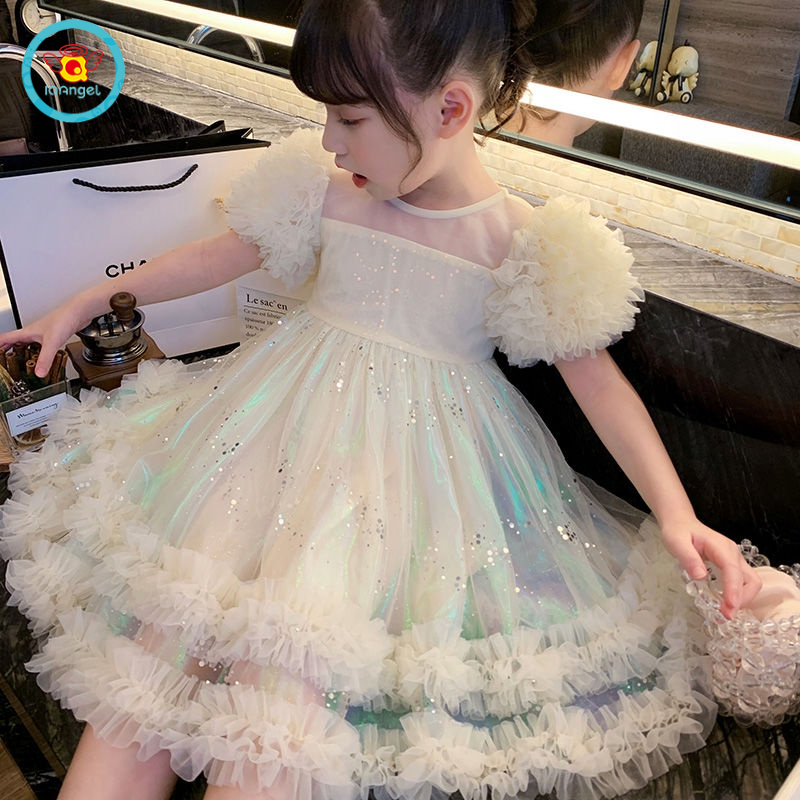 Đầm công chúa IQ Angel ngắn tay phối lưới xinh xắn theo phong cách mùa hè dành cho bé gái