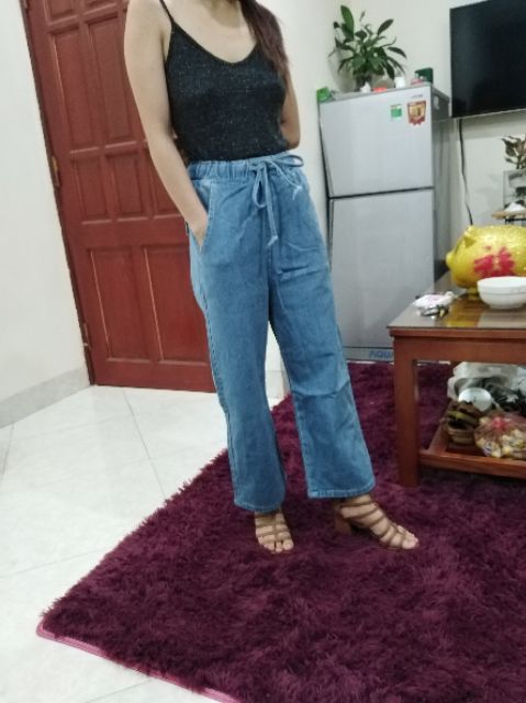 (Sẵn)Quần jean nữ mỏng rộng rãi cạp chun ống rộng chín phân | BigBuy360 - bigbuy360.vn