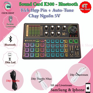 Sound card k300 có bluetooth auto tune hỗ trợ các mic thu âm livestream hay mic karaoke - K300 tích hộp pin và đèn led