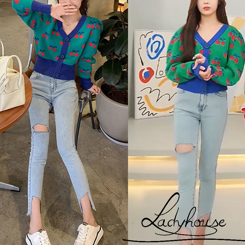 Áo khoác cardigan dệt kim cổ chữ V in họa tiết quả cherry phong cách cổ điển thời trang mùa thu cho nữ
