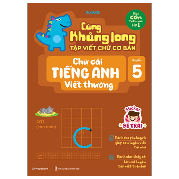 Sách - Cùng Khủng Long Tập Viết Chữ Cơ Bản - Chữ Cái Tiếng Anh Viết Thường - Quyển 5 (Sticker Bé Trai)