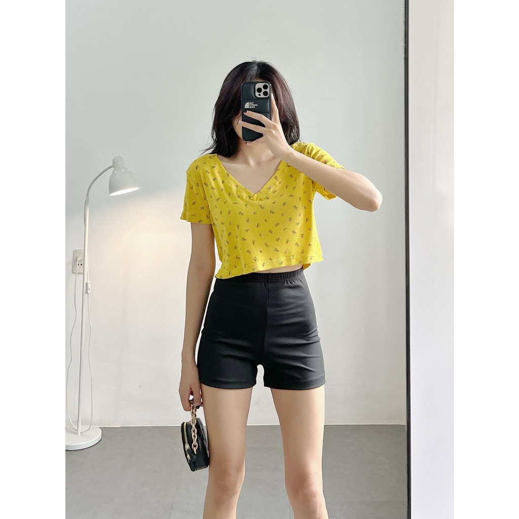 Áo croptop nữ tay ngắn HHVINTAGE kiểu cổ tim basic thun co giãn Top A45