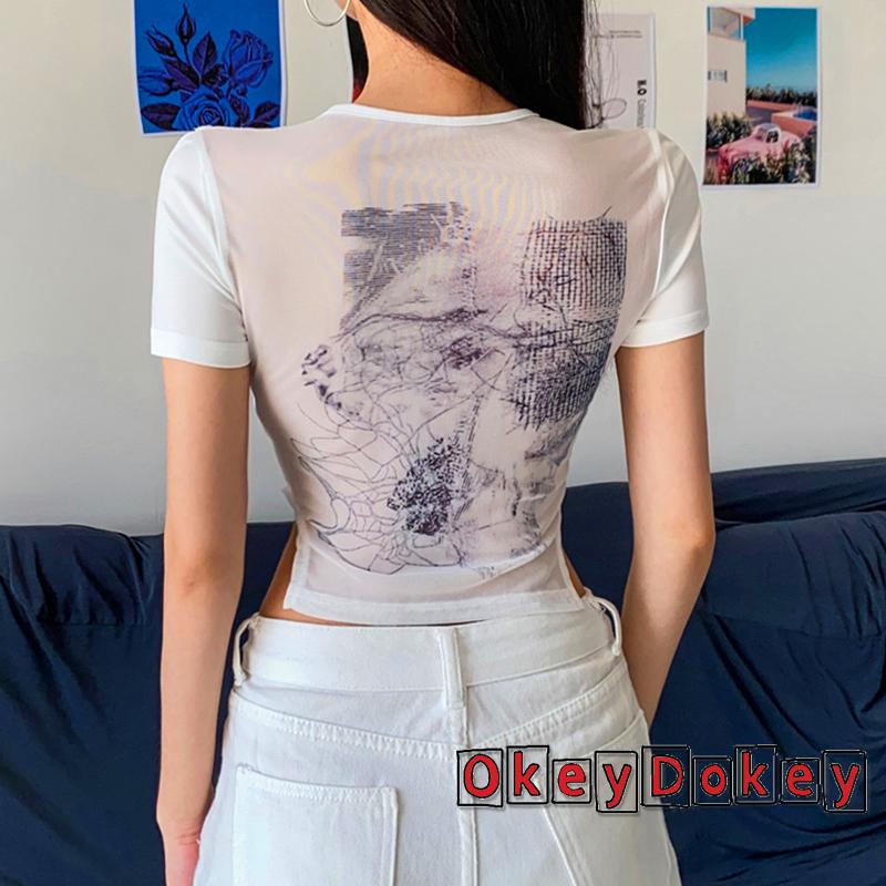 Áo Croptop Tay Ngắn Cổ Tròn Phối Lưới Thời Trang Mùa Hè Cho Nữ Size S/M/L