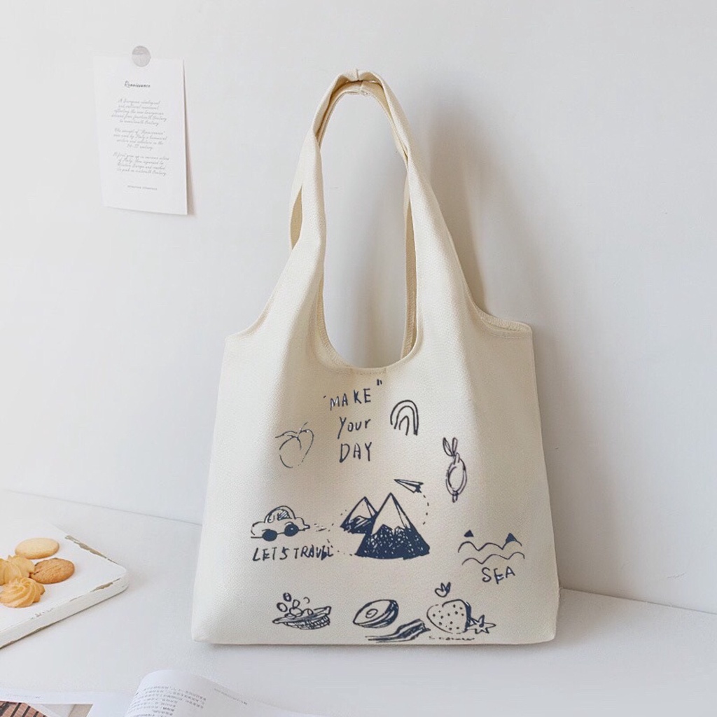 Túi tote Hazin túi vải canvas nữ Make Your Day đựng vừa laptop cỡ lớn đeo vai phong cách ulzzang