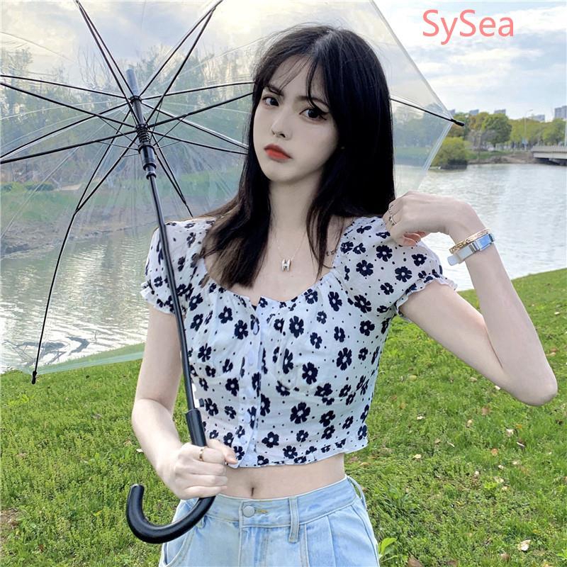 Áo Croptop Tay Ngắn Hoạ Tiết Hoa Thiết Kế Thanh Lịch