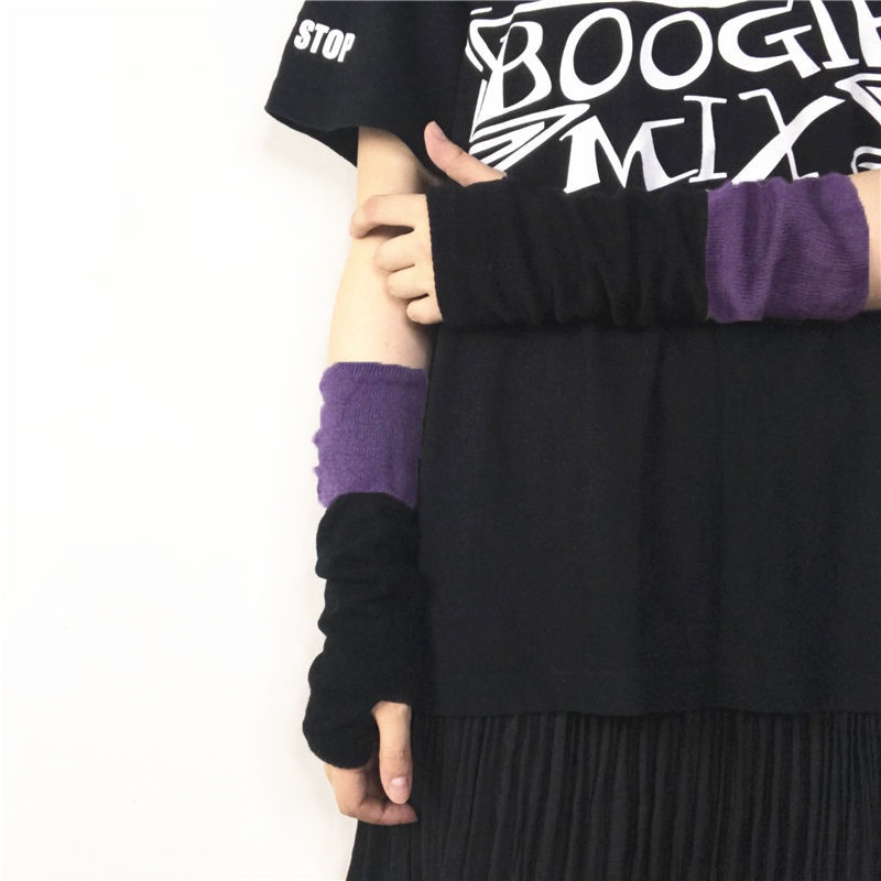 Găng Tay Dài Hở Ngón Dệt Kim Phong Cách Harajuku Nhật Bản Cá Tính Dành Cho Nữ Sinh Đường Phố Màu Tím Hồng Đỏ