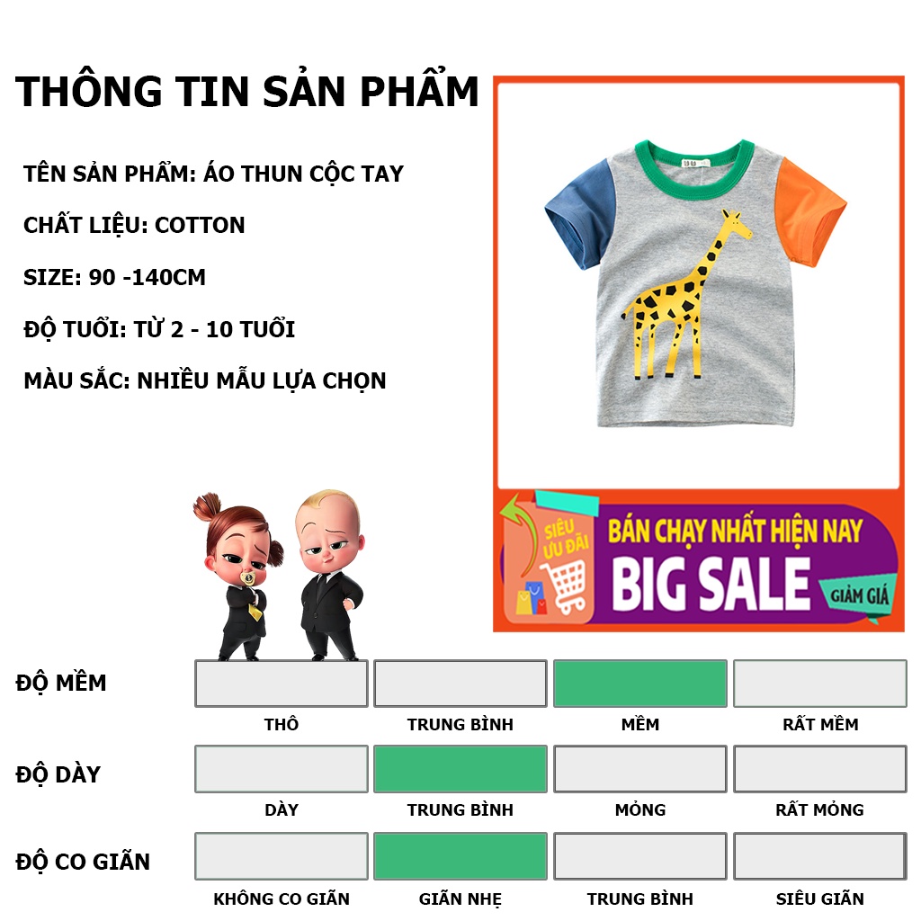 Áo thun bé trai 27KIDS áo thun cộc tay cho bé Animals chất cotton hàng xuất Âu Mỹ