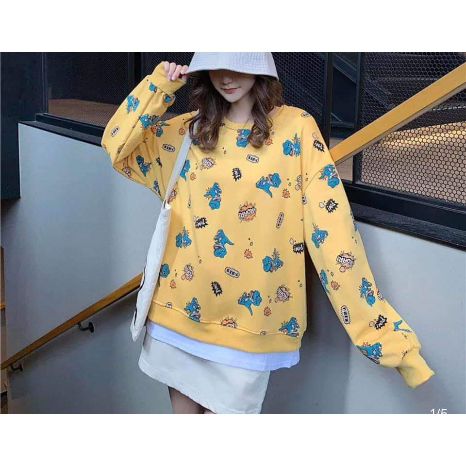 ÁO SWEATER NỈ KHỦNG LONG UNISEX VÀNG XANH THAN - ÁO IN HÌNH THÚ CUTE HOT