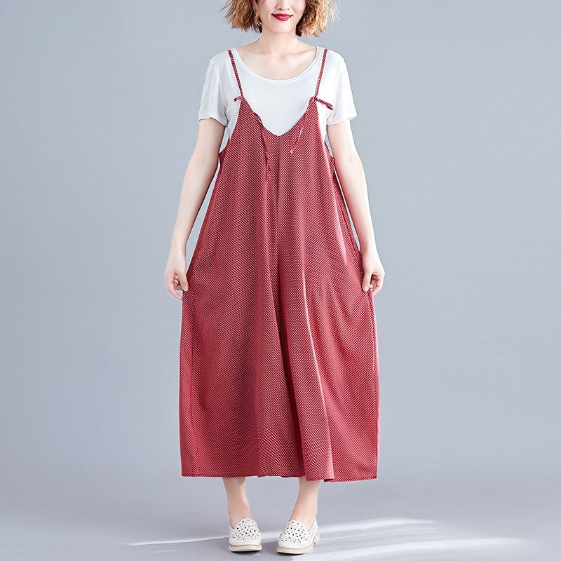 [ORDER] Quần yếm nữ bigsize ống rộng đỏ chấm bi trẻ trung (fit 70kg) | BigBuy360 - bigbuy360.vn