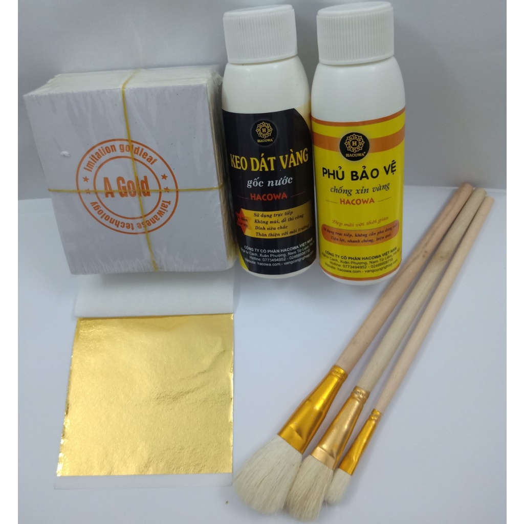 Combo 500 lá vàng kèm đủ phụ kiện 100ml keo dát, phủ bảo vệ lá vàng, bút chổi dành cho dát vàng hoa quả, thạch cao