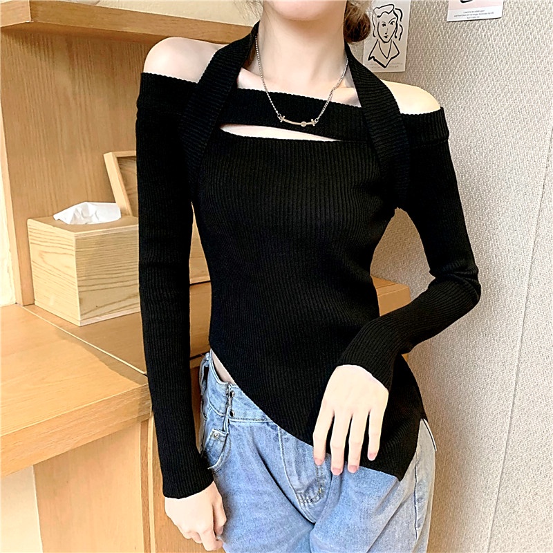 SUXI Áo croptop dệt kim tay dài hở vai ôm dáng phong cách Hàn Quốc cho nữ