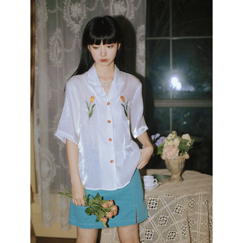 Áo Sơ Mi Tay Ngắn Thêu Hoa Tulip Thời Trang Mùa Hè Cho Nữ Size S-L 2 Kiểu