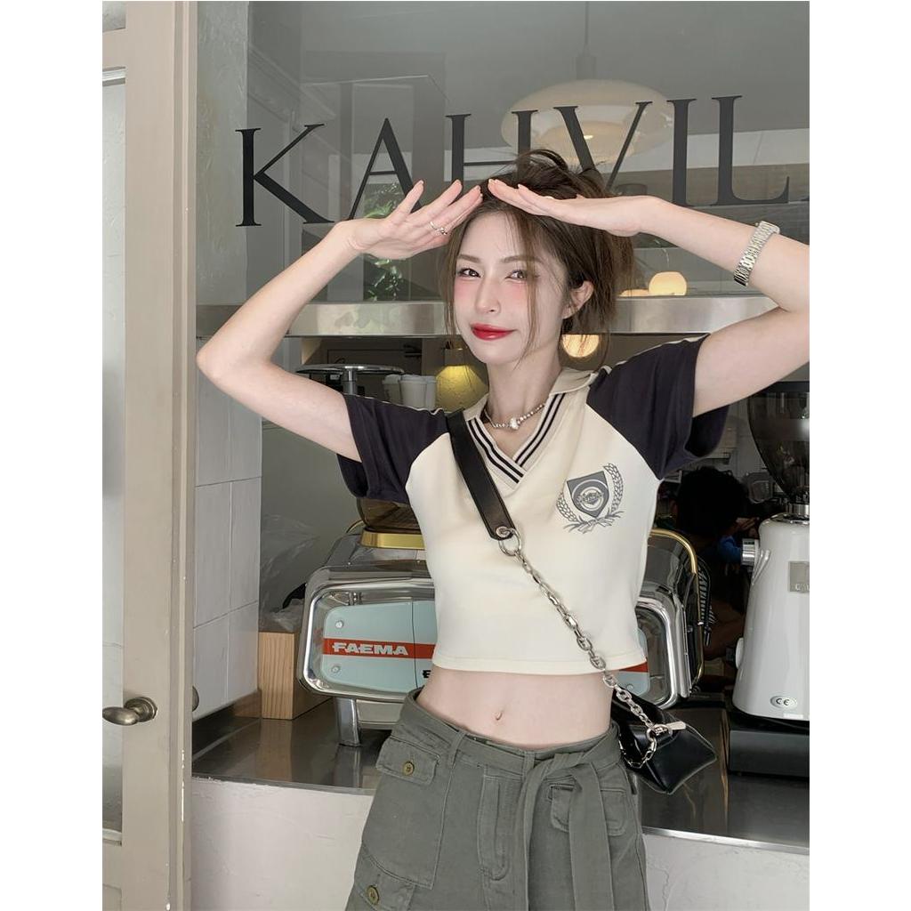 Áo polo Ngắn Tay Trễ Vai Màu Sắc vintage Thời Trang Mùa Hè Cho Nữ