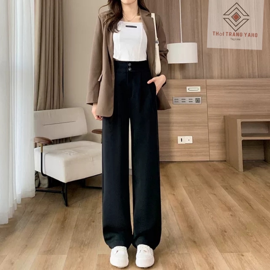 Quần ống rộng lưng cao 2 khuy dáng dài vải mềm khóa kéo trước màu đen- Quần ống suông cạp cao 2 túi cúc From rộng đi học