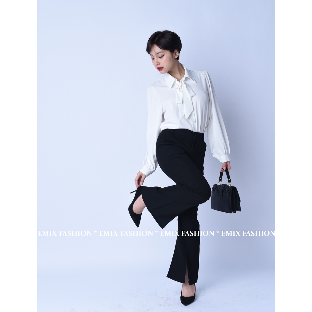 Quần tây nữ ống loe xẻ trước EMIX (màu đen), basic trousers, dáng dài, cạp thấp, ống ôm và loe, chất tuytxi đẹp 20266