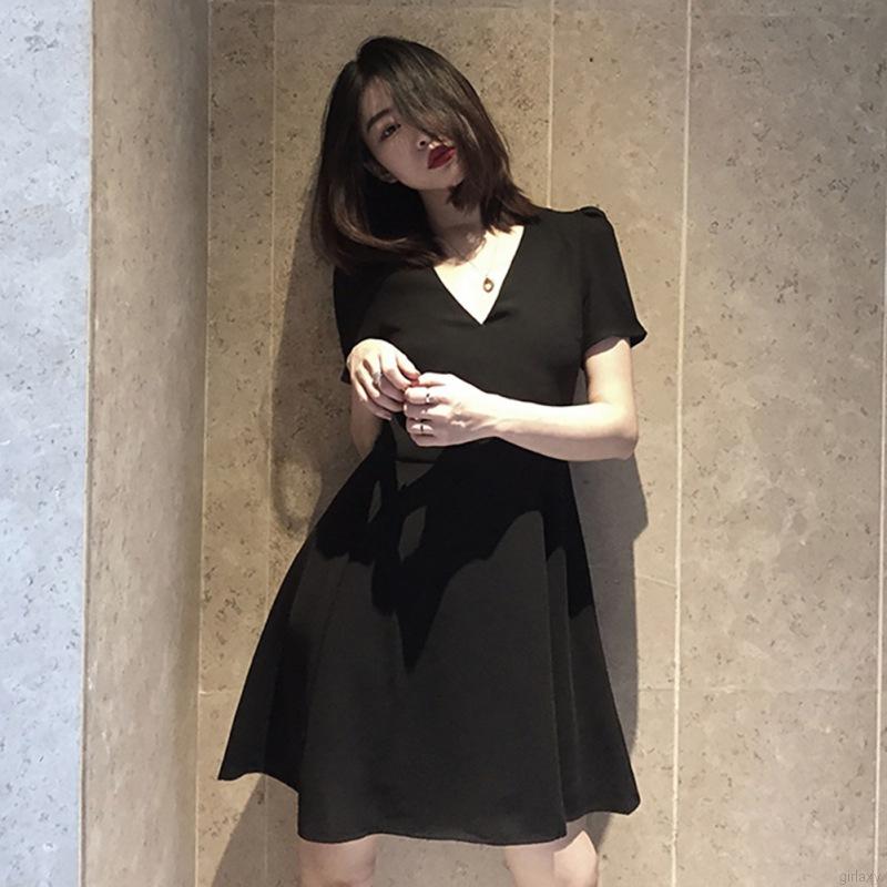 Đầm Nữ Tay Ngắn Cổ Chữ V Màu Trơn Phong Cách Hàn Quốc