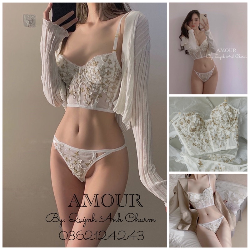 Set đồ lót sexy gợi cảm có đệm ngực, Bộ Corset Vintage Thêu Hoa Dáng Bra Cổ Điển Đệm Mỏng Có Gọng Nâng Ngực