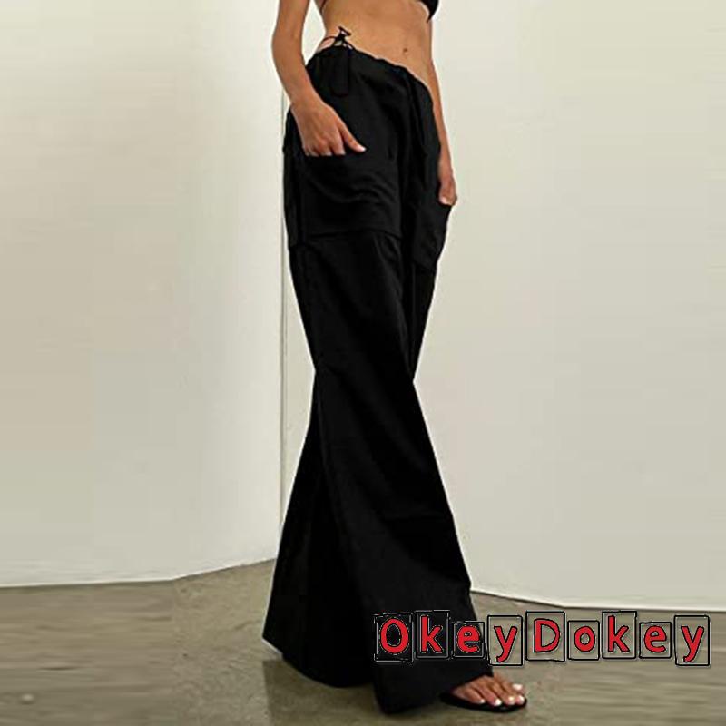 Quần Dài Ống Rộng Lưng Thấp Phối Dây Rút Phong Cách Cổ Điển Thời Trang Đường Phố Cho Nữ Y2K