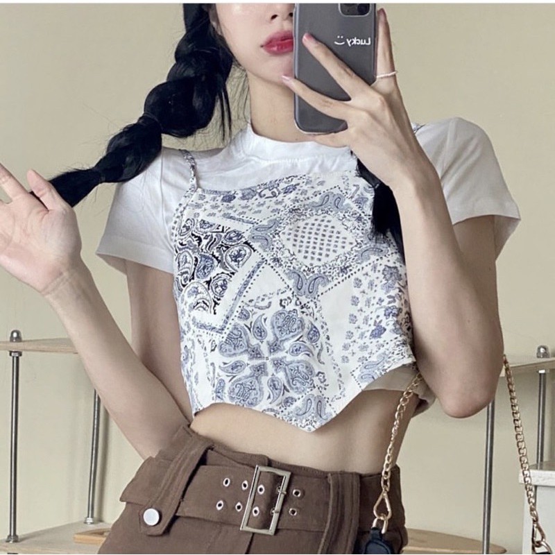 [Mã SKAMSALE06 giảm 10% tối đa 100K đơn 150K] Set croptop thổ cẩm nơ lưng kèm áo thun trắng