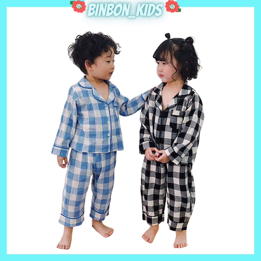 Bộ quần áo Pijama kẻ Cộc tay cho bé trai, bé gái tư 6-20kg Binbon kids