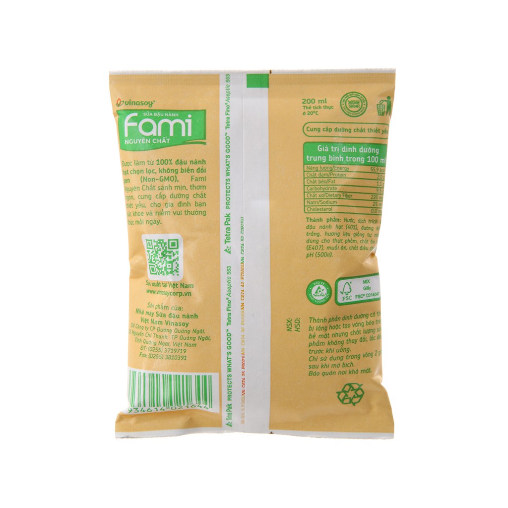 Combo 5 túi sữa đậu nành Fami nguyên chất và canxi 200ml date 8/2022