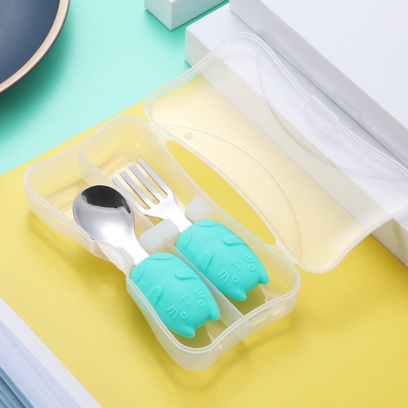 Set thìa dĩa cà rốt- mèo tập ăn dặm cho bé inox 304 cán cầm silicon an toàn cho bé