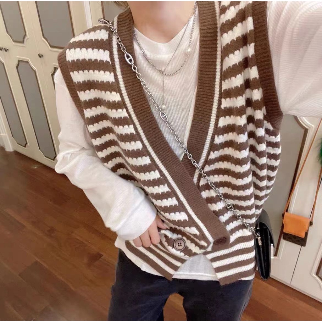 Áo khoác Cardigan dệt kim không tay kẻ sọc thời trang retro cho nữ | BigBuy360 - bigbuy360.vn