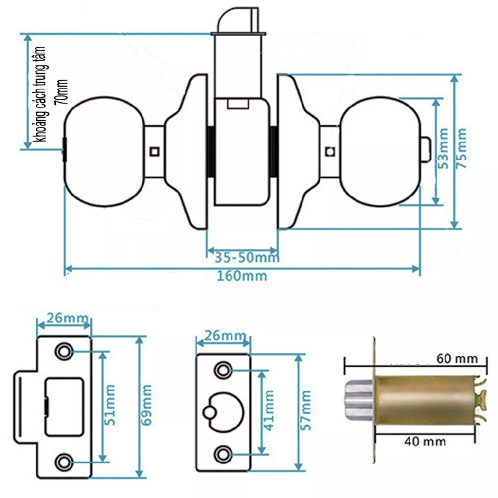 Ổ Khoá Tay Nắm Tròn inox Không Chìa, khoảng cách trung tâm 70mm