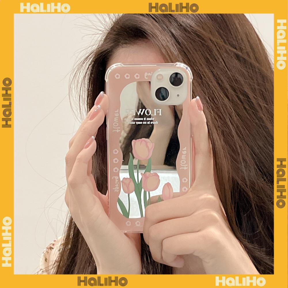 iPhone Case Acrylic HD Makeup Mirror Airbag Shockproof Protection Camera Green Pink Flowers Compatible For iPhone 11 iPhone 13 Pro Max iPhone 12 Pro Max iPhone 7 Plus iPhone xr