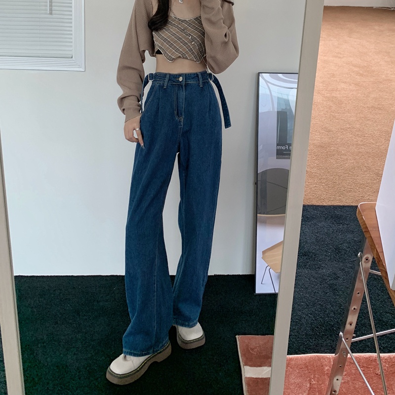 Quần Denim Nữ Lưng Cao Ống Rộng Phong Cách Hàn Quốc