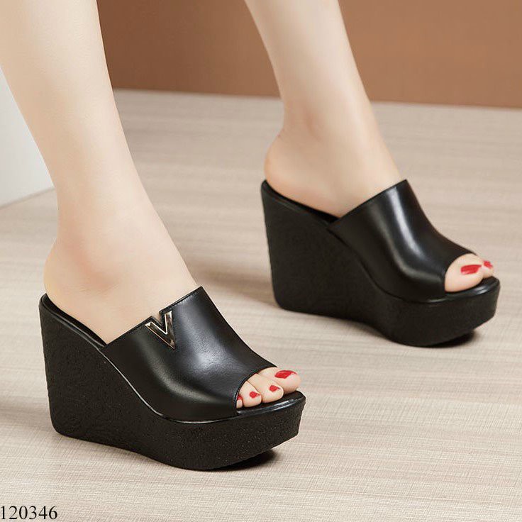 Dép đế xuồng nữ 10cm,dép da quai ngang bít chân gót cao 10 phân siêu nhẹ