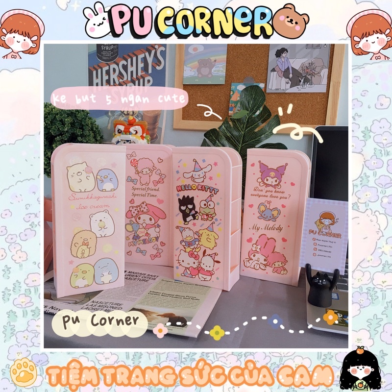 Kệ đựng bút 5 ngăn in hình cute màu hồng Kitty Melody