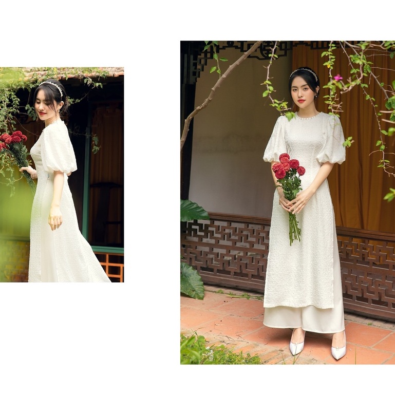 Áo Dài Trắng “Sương Mai”_Áo Dài Thiết Kế Tay Chuông Nhẹ Nhàng