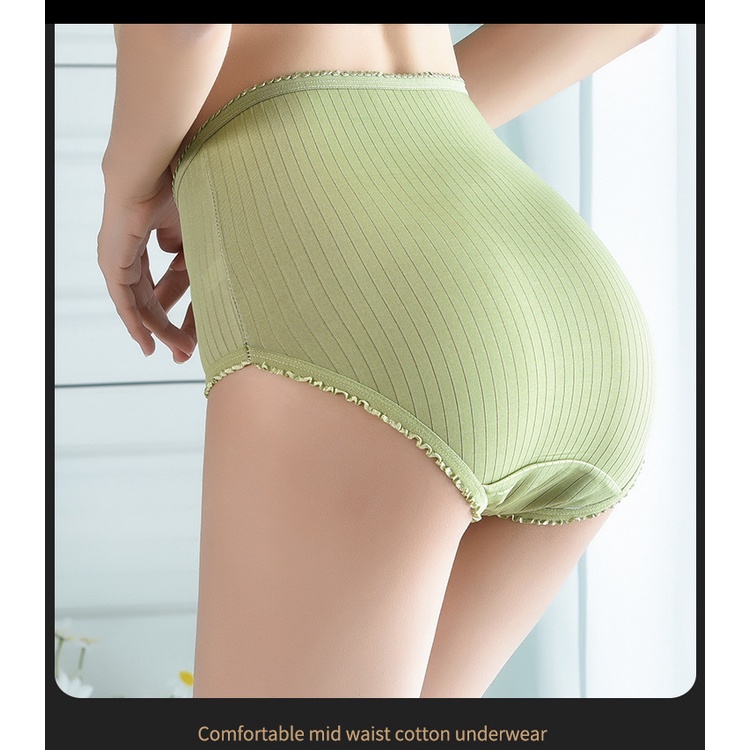 Cute Byte Quần Lót Cotton Lưng Cao Phối Ren Màu Trơn Dễ Thương Cho Nữ