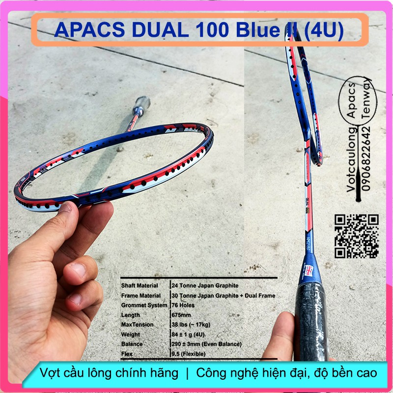 [Vợt cầu lông Apacs Dual 100 Blue II – 4U] Vợt cân bằng công thủ, sơn nhám tuyệt đẹp