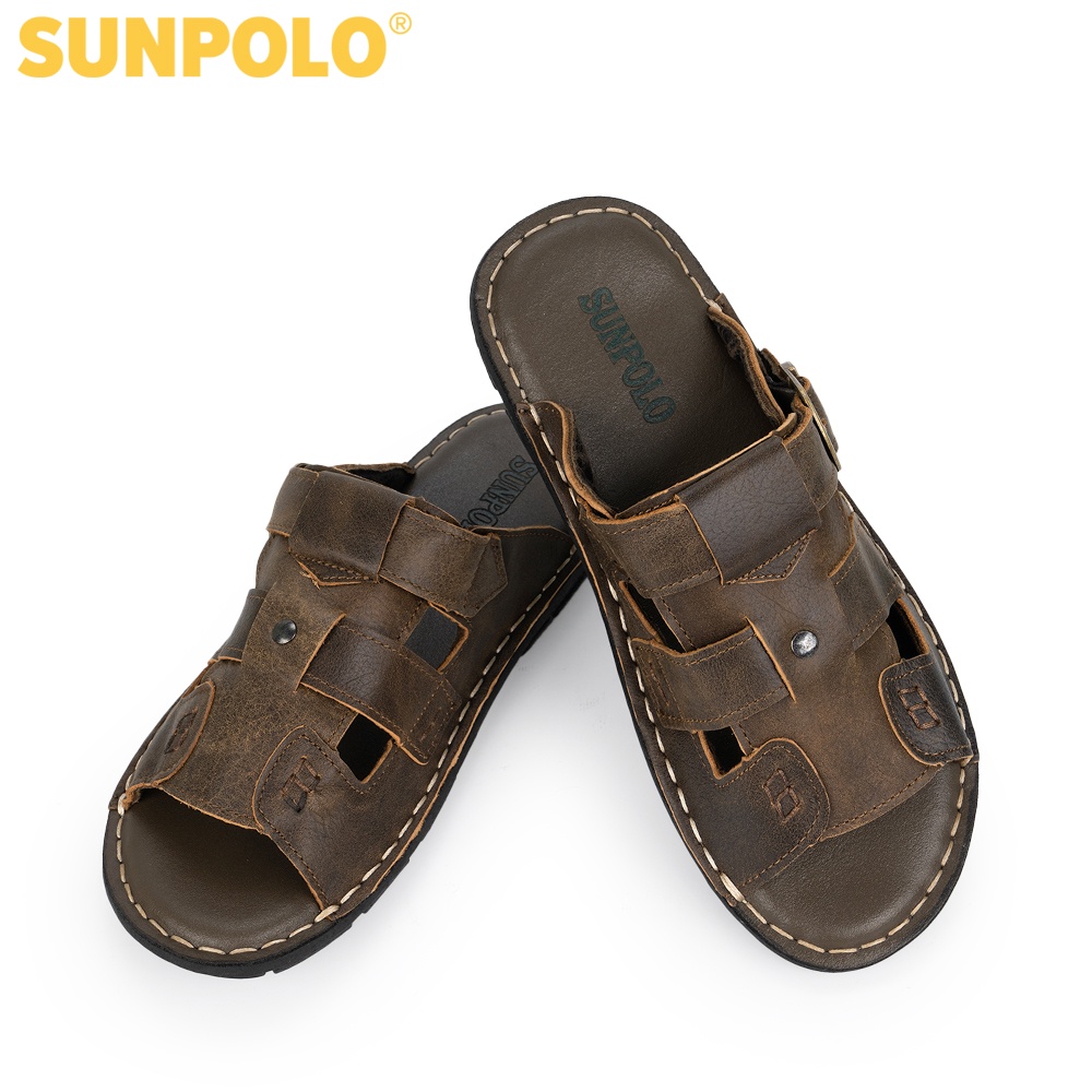 Dép nam da bò cao cấp SUNPOLO SUA21 Nâu - Có Big size 44 45
