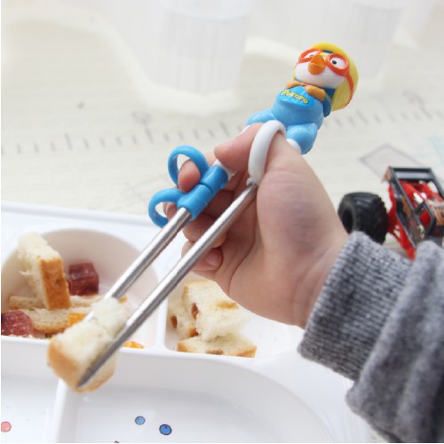 Đũa Inox xỏ ngón Hàn Quốc giúp bé tập gắp thức ăn Edison hình Pororo - Đồ dùng ăn dặm chính hãng 9644