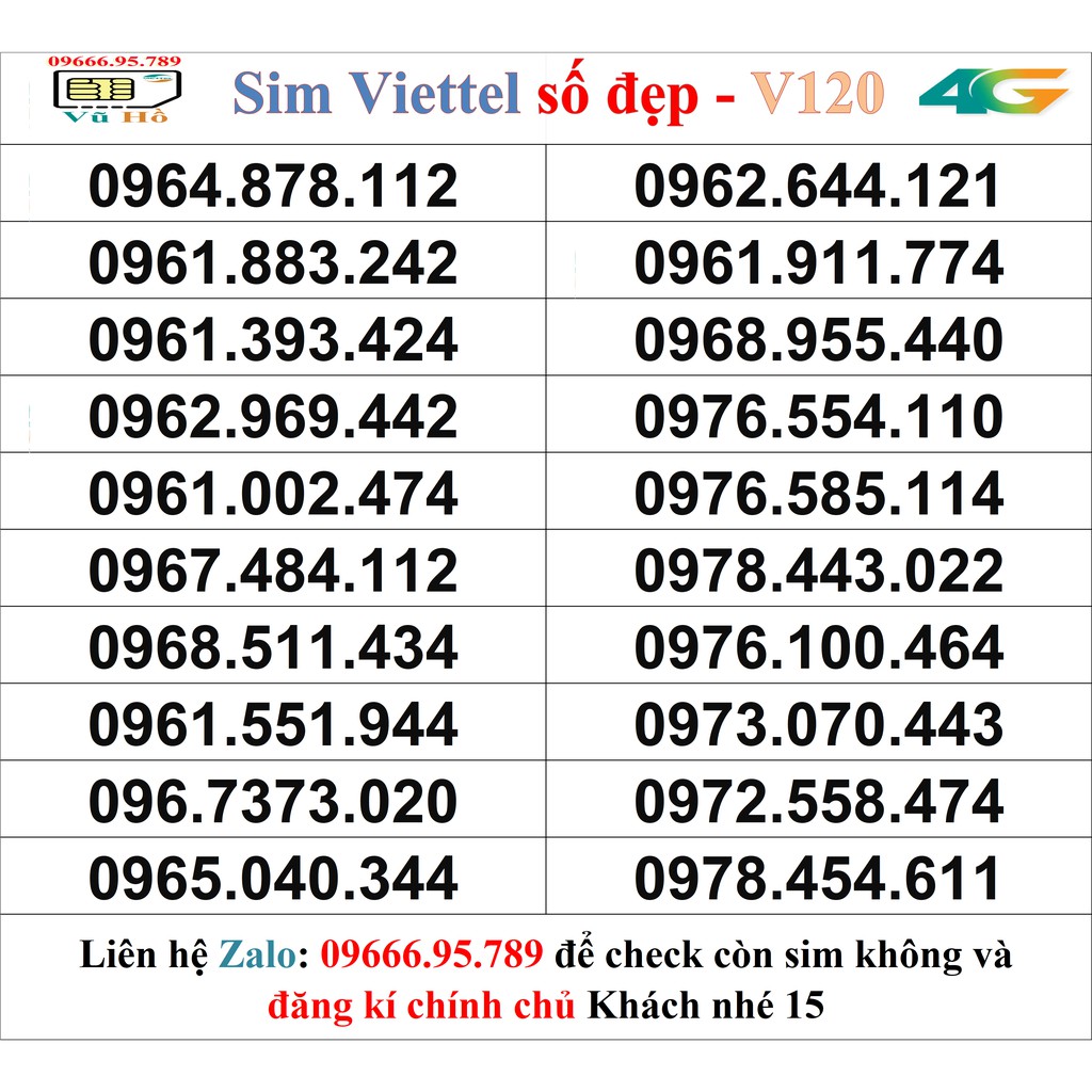 Sim Viettel V120 đầu 09 số đẹp giá rẻ 15