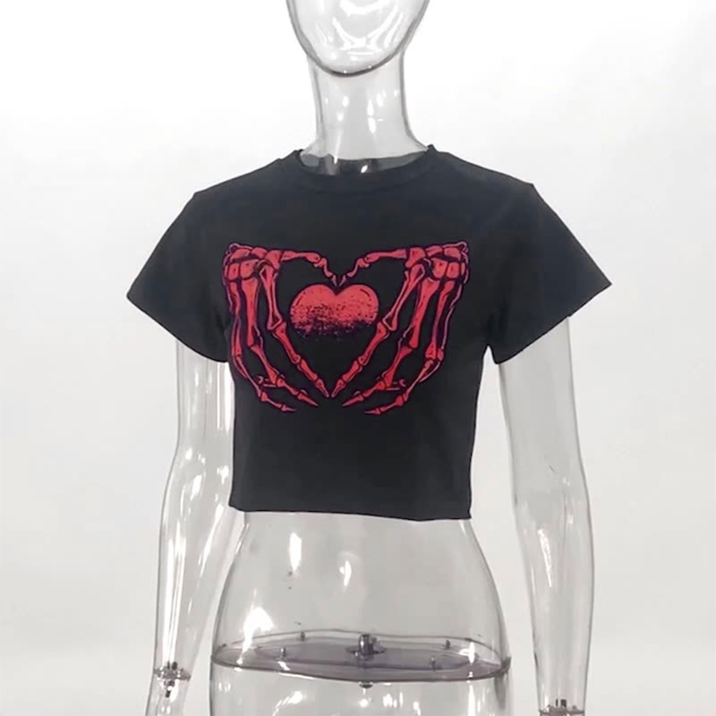 Áo Thun Crop Top Nữ Tay Ngắn In Hình Bàn Tay Và Trái Tim Phong Cách Harajuku