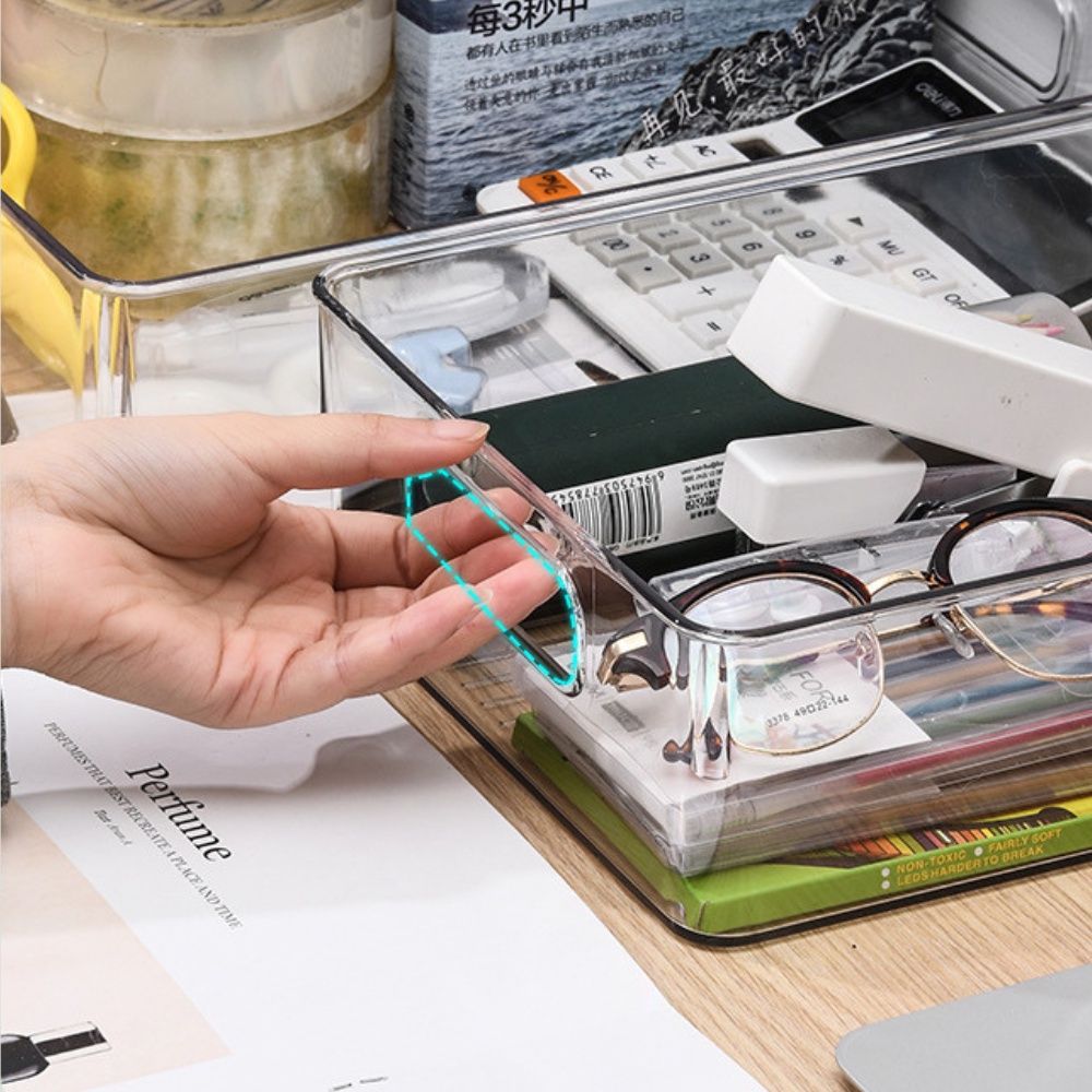 Khay nhựa đựng đồ đa năng trong suốt có tay cầm không nắp tiện lợi hộp đựng tủ lạnh nhà bếp mỹ phẩm nhà tắm