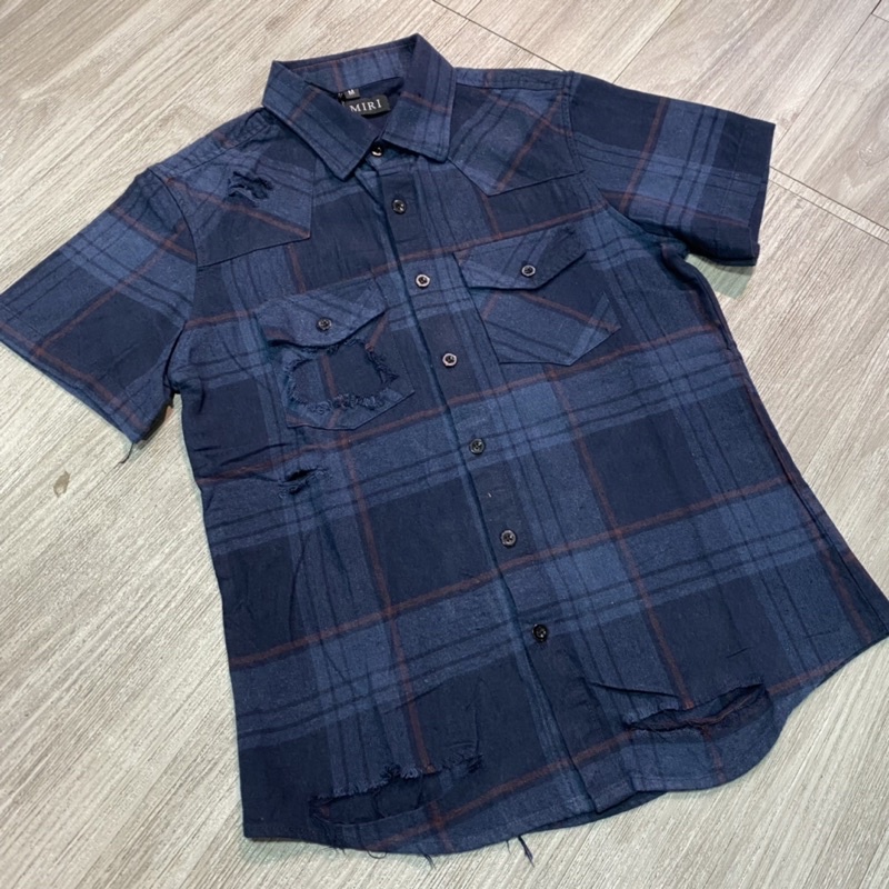 Áo sơ mi cộc tay kẻ rách gấu phối túi cao cấp 2350, sơ mi nam ngắn tay kẻ BBR new-Bin Store