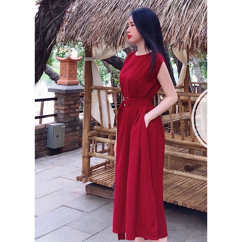 Đầm đỏ suông dài kèm belt