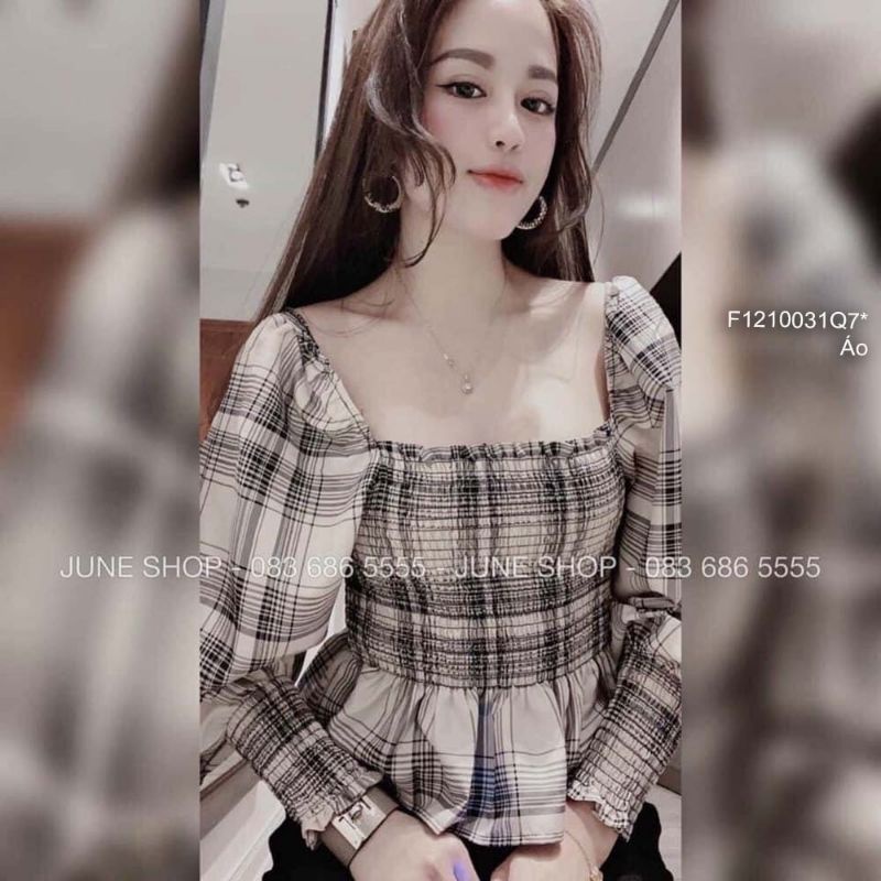 Áo kẻ caro chun thân cổ vuông tay dài bo hàng QC!Chất liệu: thô lụa